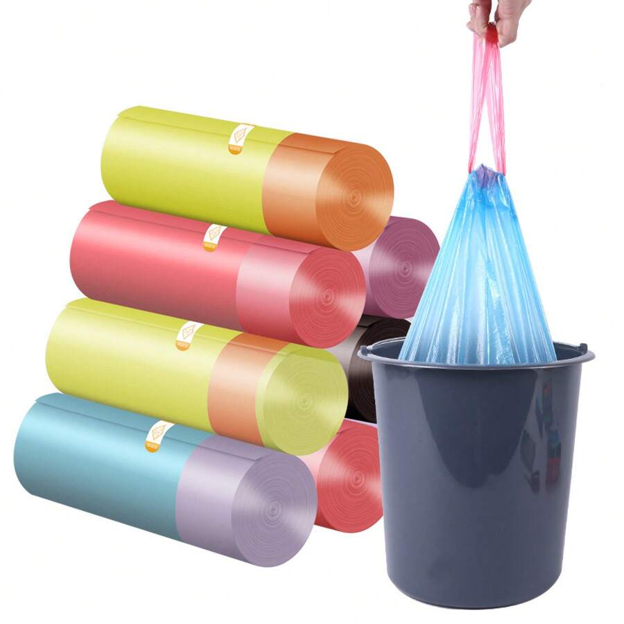 75 Drawstring Trash Bags, Household Handheld Thickened Kitchen Living Room Bathroom Large Plastic Bags - 15只*5卷混色加厚 - 查看 1