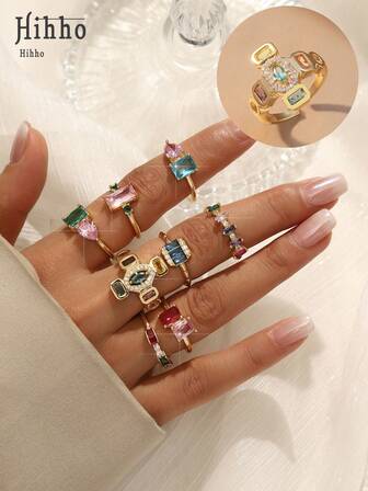 Hihho 1pc Fashionable Accessory, Luxury Style Adjustable Copper Ring With Colorful , Cross, Square And Round Geometric Shapes, Ideal Gift For Women's Party And Valentine's Day, Christmas Jewelry