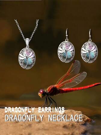 Vintage Boho Dragonfly Jewelry Set, 3 PiecesAlloy Pendant Necklace And Earrings, No Mosaic, Ideal For Daily Wear And Gifts - Fits All Seasons