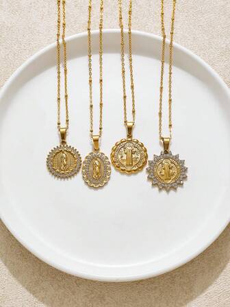 1件时尚复古18K镀金不锈钢圣母玛利亚宗教吊坠项链，适合女性日常佩戴、节日搭配、宗教饰品