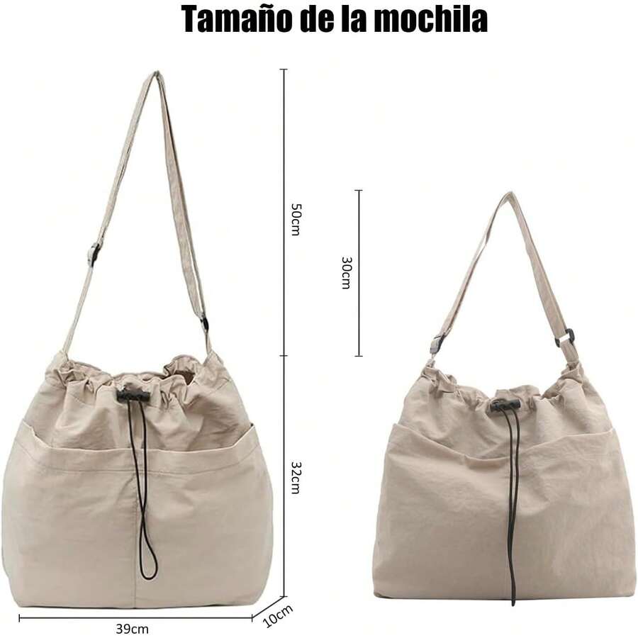 Bolsa de hombro con cordón Bolsa Crossbody de moda simple Bolsa de nylon versátil Bolsa de viaje de gran capacidad para mujer - caqui - Ver 1