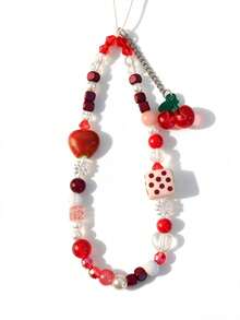 1pc Cartoon Cherry Fruit Style Cute Phone Lanyard, Handmade Beaded Camera Strap, DIY Beaded Anti-Lost Wrist Strap - Red and White - View 8
