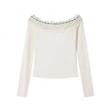 女式露肩蕾丝边长袖 T 恤，修身分层上衣，带蕾丝拼接和结饰细节，适合度假、秋季 - 杏色 - 查看 9
