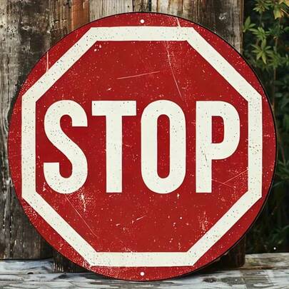 1pc Vintage Metal Sign, Stop Sign Round Poster Featuring Classic Traffic Symbol, Retro Vintage Look Wall Art For Bar, Cafe, Beach House, Playroom, Backyard, 7.8x7.8 Inch.
