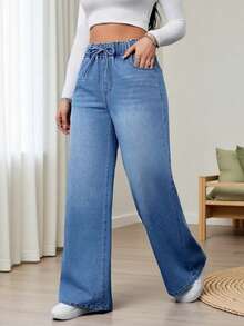 Women's Casual Wide Leg Jeans, Drawstring Waist, Long Pockets, Zipper Closure, Medium Stretch Fabric Spring - Dusty Blue - View 6