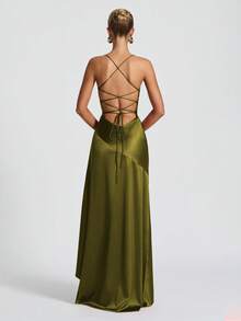 Women's Solid Color Spaghetti Strap Sexy Tie-Up Ruffle Hem Slit Dress Wedding Spring Party - Olive Green - View 3