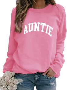 2026 New Year Outfit Women Plus Size 'AUNTIE' Letter Print Sweatshirt - Soft Machine Washable Polyester Fiber Crew Neck Pullover, Autumn Winter Casual Comfortable Fashion Design, Cute Loose Top, Daily Wear, Comfortable Fabric, Casual Style Loose And Comfortable Winter Clothes For Women - 墨綠色 - 查看 10