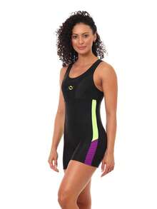 Nexis Macaquinho Feminino Short Fitness Academia Perninha Forrado - Preto/Amarelo/Roxo - Visão 1