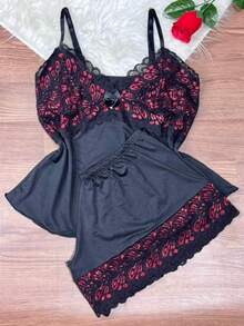 Short Doll Women's Pajama Set/ Two-Tone Lace - black red - View 1