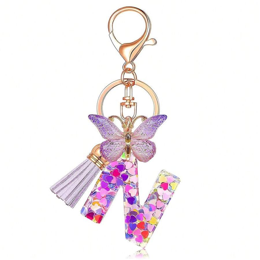 JINGUAZI Initial Letter Keychains For Women Tassel Butterfly Pink Purple Cute Car Keychain For Wallet Backpack Bag Charm{Inchcolor_nameinch:InchN-Purpleinch} - N-紫色 - 查看 1