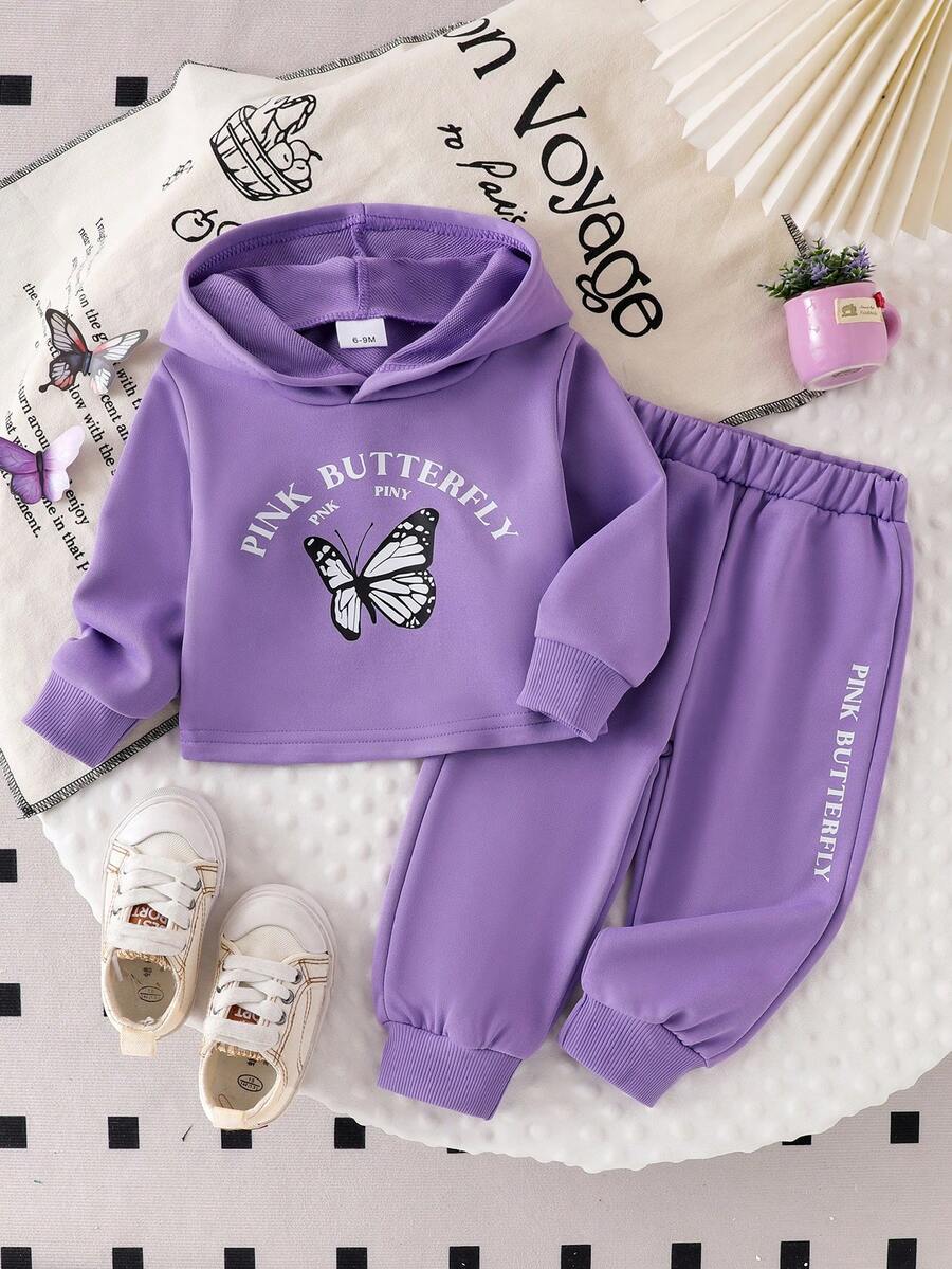 2 件套女婴时尚休闲套装，字母和蝴蝶印花长袖连帽运动衫上衣和字母印花紫色裤子 - 紫色 - 查看 1