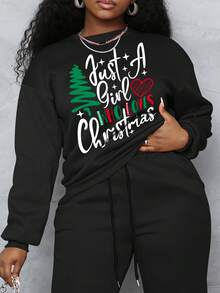 Sudadera de cuello redondo con forro térmico para mujer de talla grande - Estampado de árbol con letras navideñas, uso casual diario, moda versátil para vacaciones - Negro - Ver 2