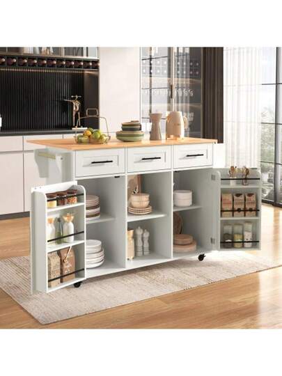 139x46(71)X91.5cm Dining Trolley/Sideboard, Black Body + Solid Wood Grain Worktop, Fold-Down Worktop, Storage Door, Casters, Replaceable Solid Wood Feet, Suitable For Dining Room, Kitchen. 139x46(71)X91.5cm Serving Trolley/Side Cabinet, Grey Solid Wood Veneer For The Body + White Marble Veneer Decoration For The Worktop, Cabinet/Fold-Down Worktop/Storage Doors/R view 3