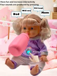 26厘米逼真娃娃，会小便、喝水、发出4种声音，配有奶瓶和安抚奶嘴，粉色小床，连衣裙图案随机发送，是送给女孩的过家家礼物。 - 紫色(衣服印刷隨機髮) - 查看 6