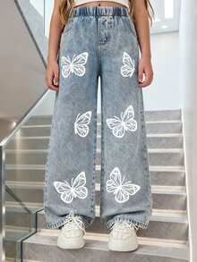 1pc Girls Casual Street Style Comfortable Butterfly Print Pattern Denim Jeans, Suitable For Spring & Autumn