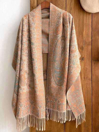 1 buc. Șal pentru femei, model Paisley, stil boem, portocaliu-roșu, cu ciucuri, potrivit pentru toamnă/iarnă, zi de zi, exterior, călătorii, cumpărături