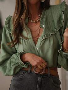 Women's Comfortable Casual Elegant Office Commute Minimalist Design Long Sleeve Blouse, Autumn Spring - Green - View 3