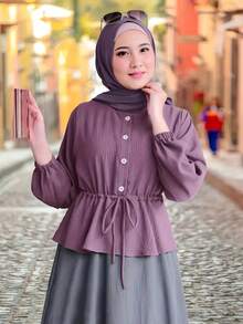 新款穆斯林女士斋月领口单扣收腰长裙套装，上衣+裙子两件套，不含头巾 - 淺灰紫 - 查看 3