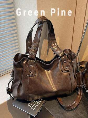 1pc Vintage Large Capacity Handbag, Vintage PU Shoulder Messenger Bag, Women Casual Tote Bag & Wallet, New Arrival Tote Bags For Woman