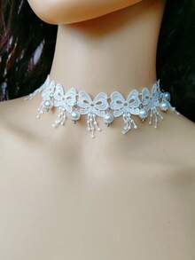 1pc Lace & Pearl Choker Necklace, Gentle Elegant Collar Necklace Chain Suitable For Daily Wear, Vacation, Wedding