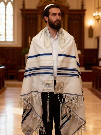 2pcs Set: Prayer Shawl + Handmade Crocheted Hat, Extra Large Scarf For Religious Ceremony