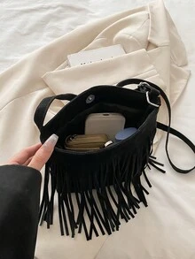 新款時尚麂皮流蘇單肩斜背包，適合派對、出遊、度假、購物及日常使用，可收納硬幣、手機，亦適合白領、大學生及上班族作為工作包，優雅女款包袋 - 黑色 - 查看 6