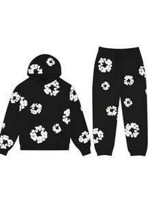 Denim T Gothic Peony Print Sweatsuit Set 2026, Hip Hop Streetwear Oversized Hoodie & Joggers, Y2K Retro Graphic Lounge Set, Unisex Autumn Winter Daily Wear - màu đen - Xem 3