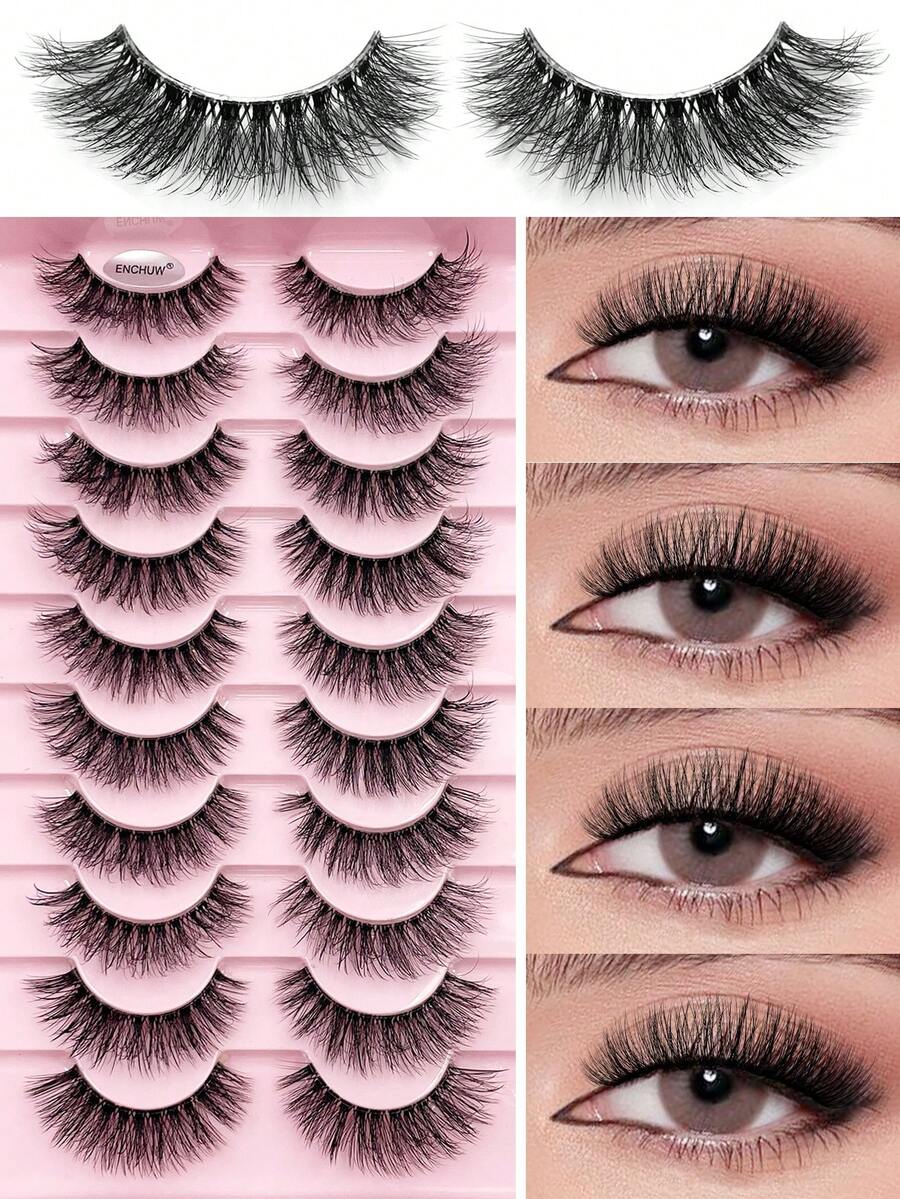 ENCHUW 10 Pairs Natural Look Eye Lashes 3D Clear Band Lashes Wispy Faux Mink Eyelashes Fluffy Fake Eyelashes For Daily Wear - Black - View 1