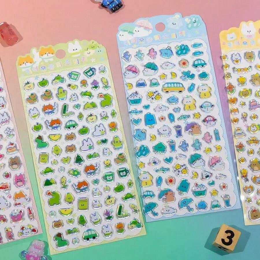 3D Kristall Aufkleber Wolkenkaninchen, holografischer Apfel, Teddybär, Süßigkeiten Dekorationsaufkleber, Lern-Belohnungsaufkleber für Kinder