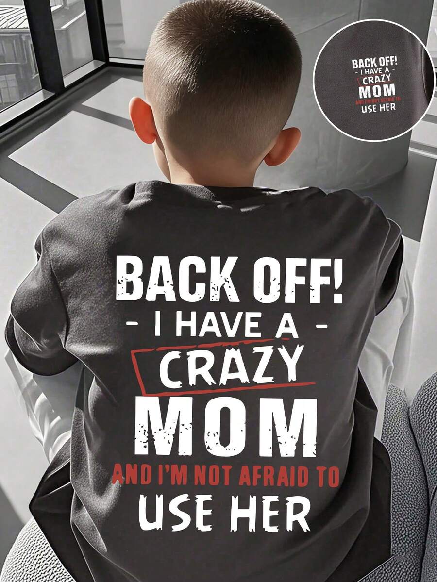 男童标语印花圆领短袖休闲T恤 - 深灰色 - 查看 1