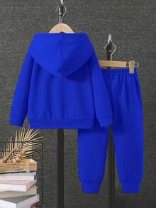 2pcs Young BoyCasual 3D Dinosaur Pattern Hooded Sweatshirt And Pants Set, Spring/Autumn - Blue - View 2