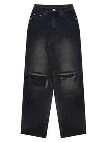 Womens Casual Black Denim Ripped Straight Leg Jeans With Pockets And Zipper Long Plain Style - 黑色 - 查看 6