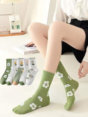 5 Pairs Countryside Style Women's Socks, Suitable For Various Occasions, Campus And Daily Wear, Mid-Calf Length