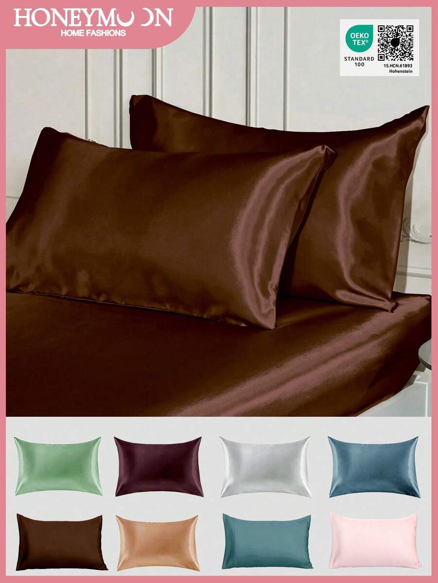 2个装奢华丝滑缎面信封式枕套，柔软透气，抗皱，呵护秀发和肌肤，提升睡眠质量，不含枕芯，巧克力棕色，通过Oeko-Tex认证 - 巧克力棕 - 查看 1