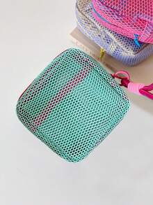 Women's Square Mesh Cosmetic Bag Dopamines Color Toiletry Organizer With Removable Handle And Zippered Closure For Travel - 淺綠色 - 查看 3