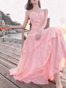 优雅不对称荷叶边吊带连衣裙，时尚百搭，适合女性穿着，简约细肩带设计，适合派对、舞会、晚宴、生日、婚礼、返校等各种场合，端庄修身，夏季必备 - 淺粉色 - 查看 8
