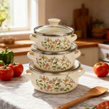 Zestaw naczyń emaliowanych 2025 | Powłoka ceramiczna bez PFAS, nadaje się do kuchenek gazowych/indukcyjnych | Zaokrąglone krawędzie, nadaje się do grillowania na świeżym powietrzu/użytku domowego | Zestaw 3-częściowy (garnek do zupy/garnek termiczny/garnek na jedzenie dla niemowląt) | Styl retro, łatwy do czyszczenia