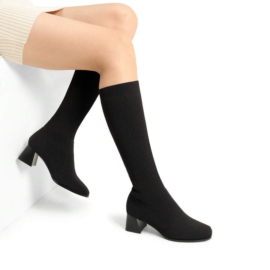Women's Square Toe Chunky Heel Knee High Boots Stretchy Fit Ribbed Upper Fashionable Tall Boots - 黑色 - 查看 1