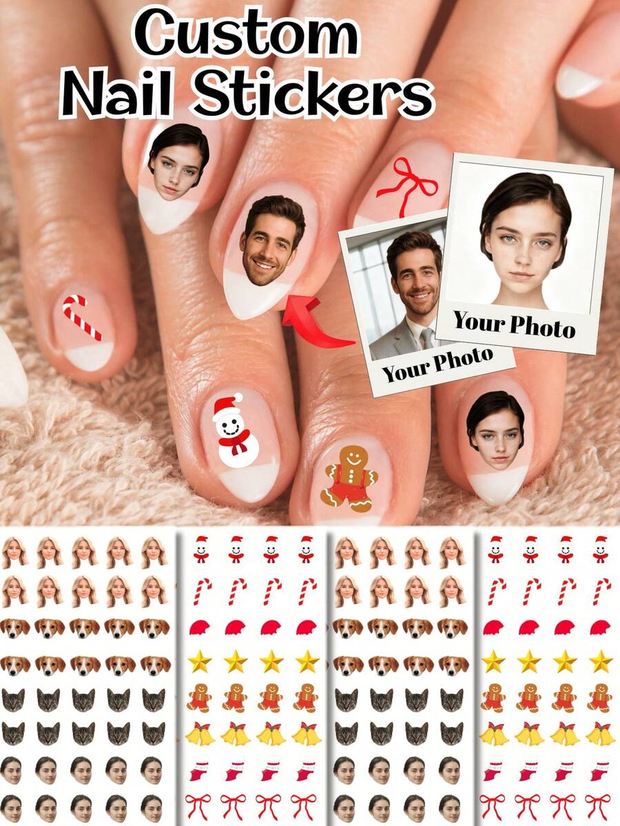 Custom Face Nail Sticker, Custom Nail Decals, Personalized Custom Photo Nail Waterproof Decals, Fashionable Nail Art, Custom Nail Decals, Custom Face Sticker, Personalized Christmas Gift, Nail Sticker Practice Sheet, DIY Nail Art Sheet, Idea Gift For Christmas, Birthday, Unique Gift For Family, Friends, Gift For Her,Back To School & Wedding Party - Multicolor - View 1