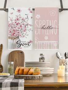 2Pcs Watercolor Pink Cherry Blossom Vintage Victorian Style Worn Rose Blue And White Porcelain Flower Orange Soda Pattern Kitchen Towels Farmhouse Farm Decoration Kitchen Dishcloth Holiday Party Supplies Bathroom Hand Towels For Dining Room Tables - Pink - View 1