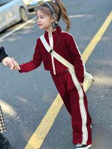 Set di abbigliamento attivo alla moda per ragazze, top con chiusura lampo, collo alto e design a strisce laterali + pantaloni dritti con strisce laterali, set di abbigliamento sportivo elegante per primavera/autunno, adatto per uso casual quotidiano e leggero esercizio, attività all'aperto