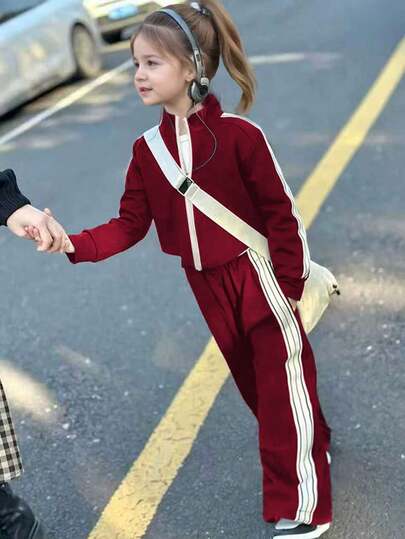 Set di abbigliamento attivo alla moda per ragazze, top con chiusura lampo, collo alto e design a strisce laterali + pantaloni dritti con strisce laterali, set di abbigliamento sportivo elegante per primavera/autunno, adatto per uso casual quotidiano e leggero esercizio, attività all'aperto