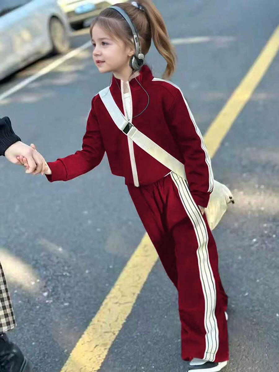 Set di abbigliamento attivo alla moda per ragazze, top con chiusura lampo, collo alto e design a strisce laterali + pantaloni dritti con strisce laterali, set di abbigliamento sportivo elegante per primavera/autunno, adatto per uso casual quotidiano e leggero esercizio, attività all'aperto