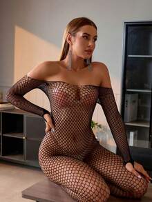Women Fishnet Bodystocking Sexy Badydoll Bodysuit Soft Nightwear Lingerie One Piece - 黑色 - 查看 2