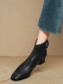 法式复古软皮方头修身短靴，女士踝靴，后拉链设计，中跟，百搭，秋冬款 - 黑色 - 查看 3
