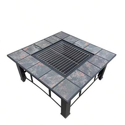 Outdoor Fire Pit Square Metal Fire Pit Backyard Patio Garden Stove Wood Burning Fire Pit W/Rain Cover Black