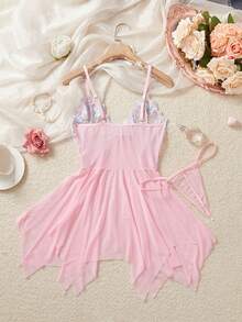 ROMWE Kawaii Explore The Enchanting Middle East! Light Purple Embroidered Sheer Nightgown, Lightly Wraps Your Alluring Figure, Sexy Asymmetric/Asymmetrical Embroidered Thong - Pink - View 5