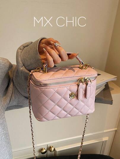 新款手提盒形包，简约时尚单肩斜挎包，粉色