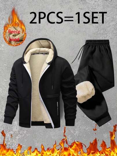 2pcs Men's Outdoor Hooded Sports Suit, Fleece Thickened Sweatshirt + Elastic Waist Sweatpants, Casual Versatile Men's Set,Winter