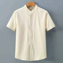 Men's Mandarin Collar Shirt - 杏色 - 查看 2